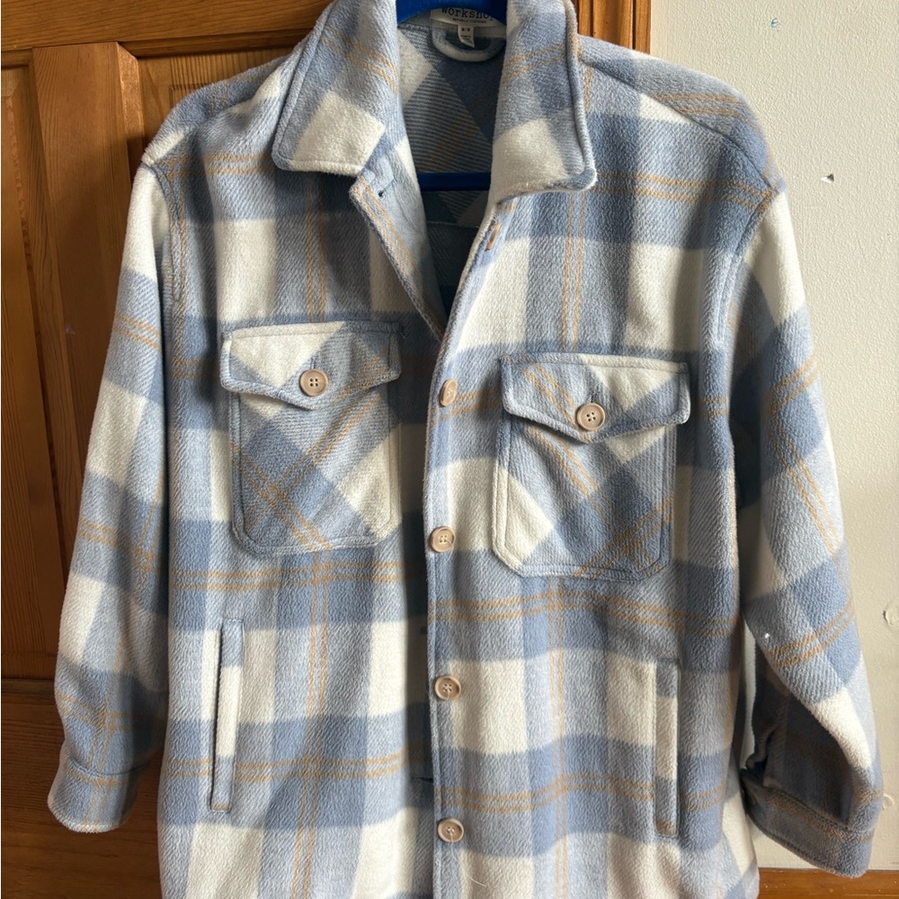 Cozy Women’s Flannel Jacket - Blue white and cream stripes